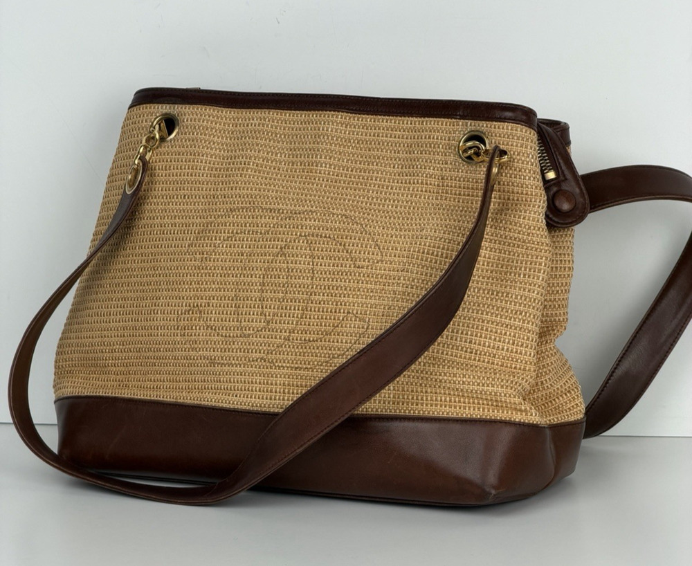 Chanel Raffia-Woven Tote Bag 1994 Vintage Beige Straw & Lambskin Leather Trim E5